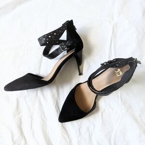 Joes Jeans Black Studded Suede Zip Back Heels - Ankle Wrap Straps - Pointed Toe